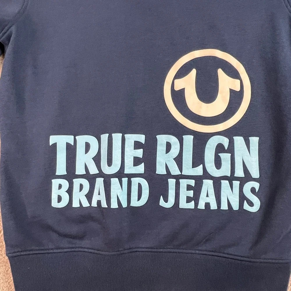 True Religion Hoodie Mens Medium Blue Horseshoe‎ Logo Pullover Sweatshirt